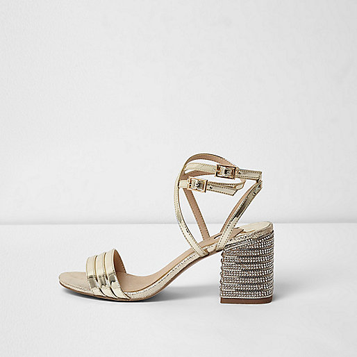 metallic block heel sandals