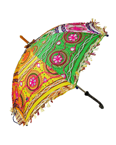 Bohemian Indian Handmade Design, Cotton Multi Color Embroidery Sun Umbrella Parasol 24 Inches
