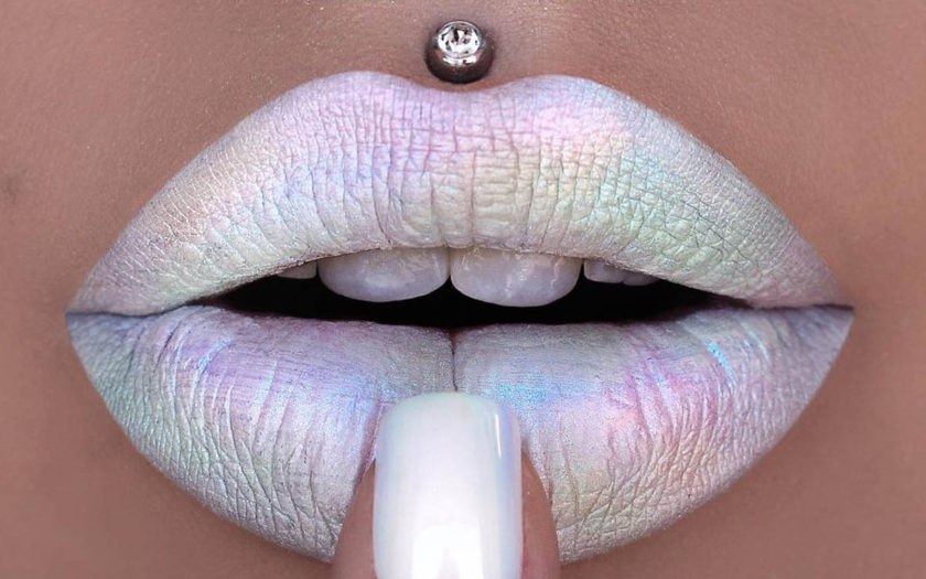 super close up of woman wearing opal lipstick