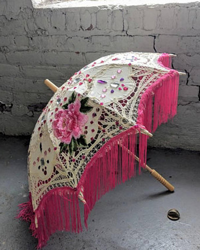 white LED parasol umbrella w emroidered pink flowers, fringe, acrylic gems