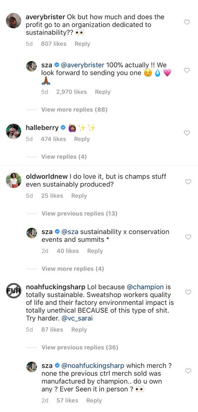 SZA sustainability gang comments 2018