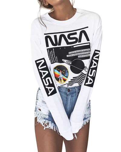 Zxzy Women Long Sleeve White NASA Letter Print hoodie Sweatshirt