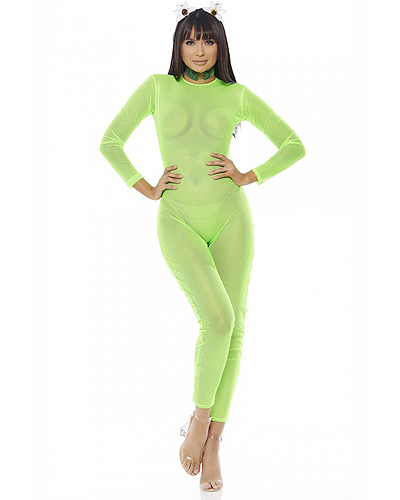 Ami Clubwear Sexy Neon Green Mesh Long Sleeve Catsuit