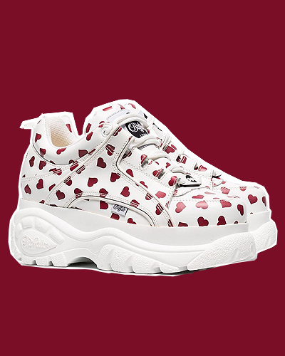 BUFFALO white and red heart print cyber platform leather sneakers