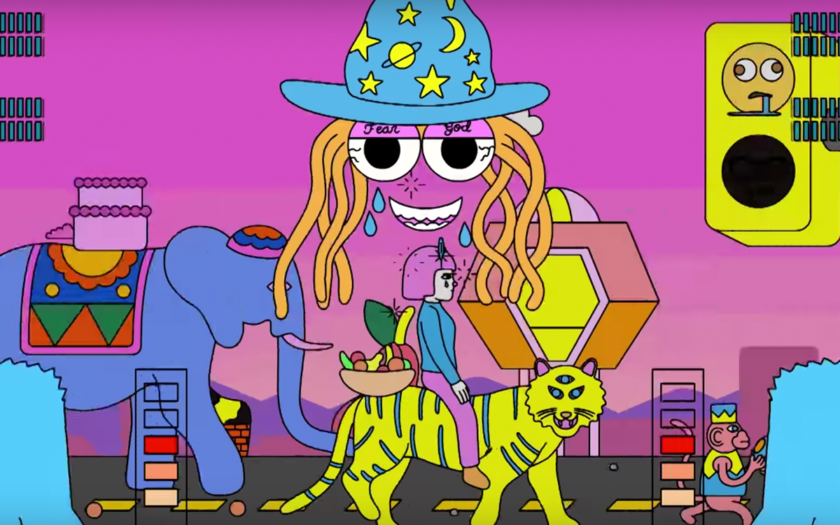 screenshot from genius remix video psychedelic animation of lil wayne and sia riding a tiger with three eyes