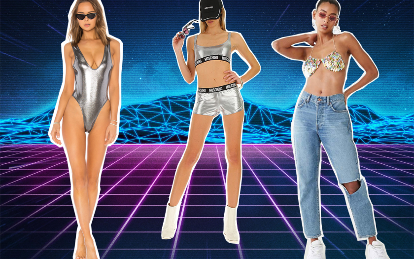 models wearing metallic lingerie in front of a space grid background