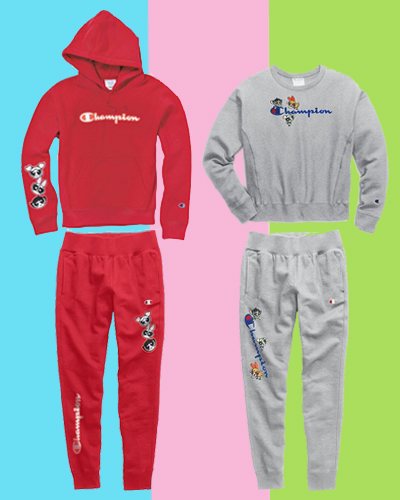 Champion x the Powerpuff Girls sweat suits in red and grey