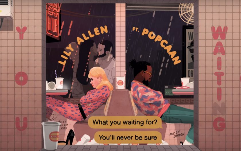 illustration of Lily Allen & Popcaan in a diner it's raining outside