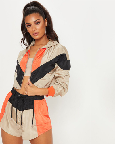PRETTYLITTLETHING Share STONE COLOUR BLOCK SHELL SUIT SHORT AND TOP