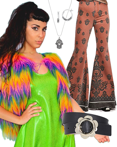 rainbow fur vest outfit