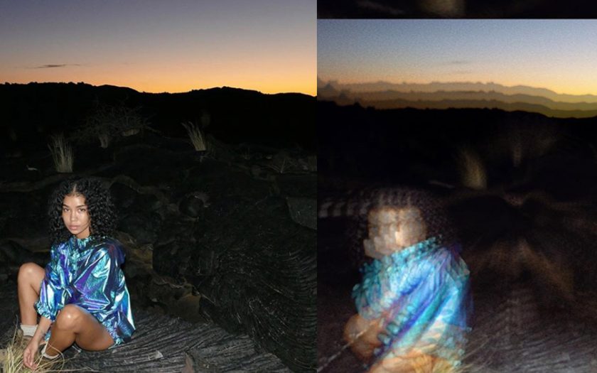 Jhené Aiko wears a holographic windbreaker on a hilltop