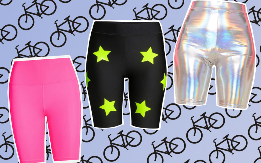 three pairs of bike cycling shorts over a bicycle print