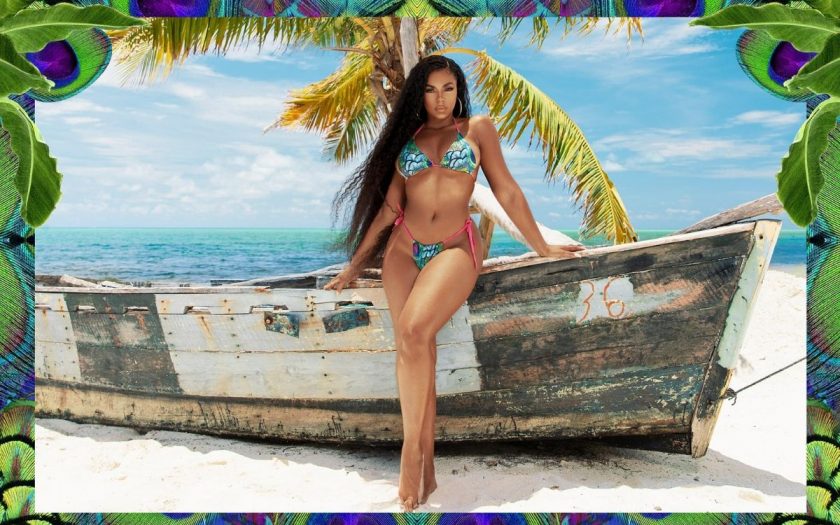 ashanti on a tropical beach in a prettylittlething bikini she helped design