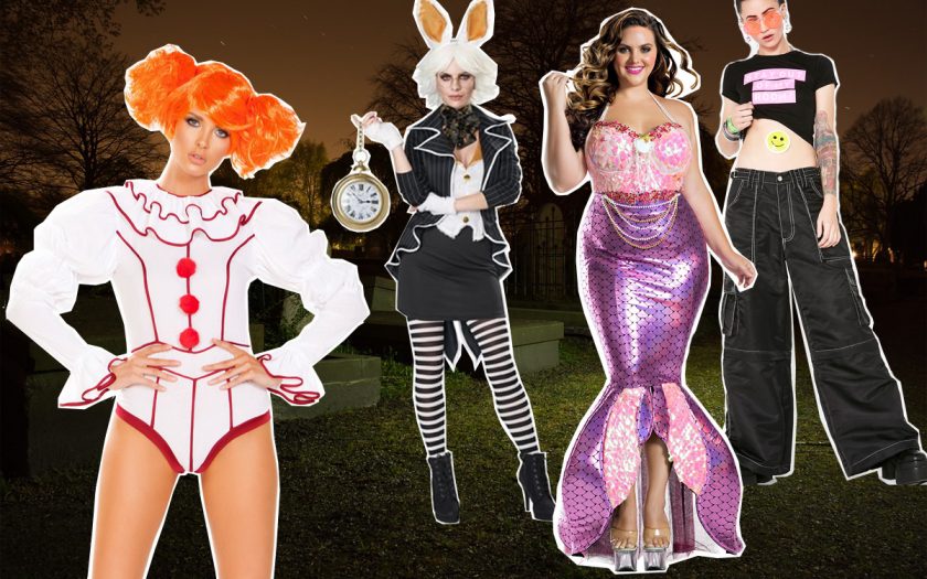 models in EDM halloween costumes in a spooky graveyard