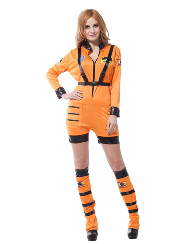 Sexy Astronaut Rocket Space Girl Romper Adult Halloween Costume Orange
