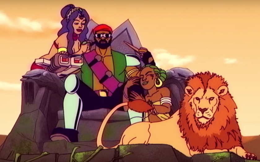 Major Lazer (character) sits on chair with two groupies and a lion