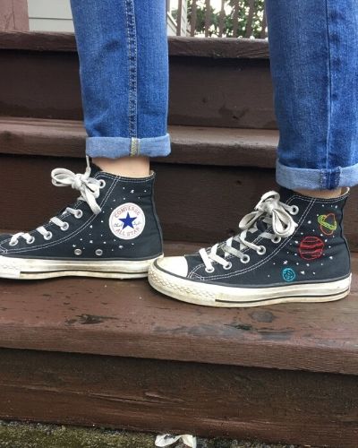 Hand Embroidered Black Space Converse by HeavyThreadySoul
