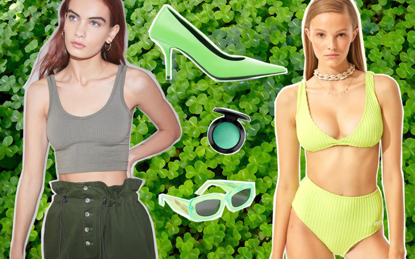 green crop top, pumps, eyeshadow, sunglasses, bikini, and more!
