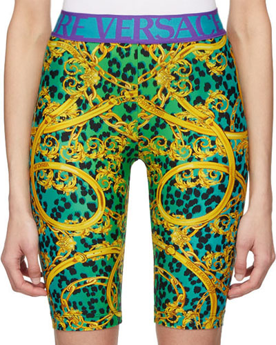 Versace Jeans Couture Green & Gold Leopard Print Barocco Bike Shorts
