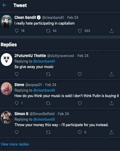 Clean Bandit, top selling music group, tweets that they hate participating in capitalism